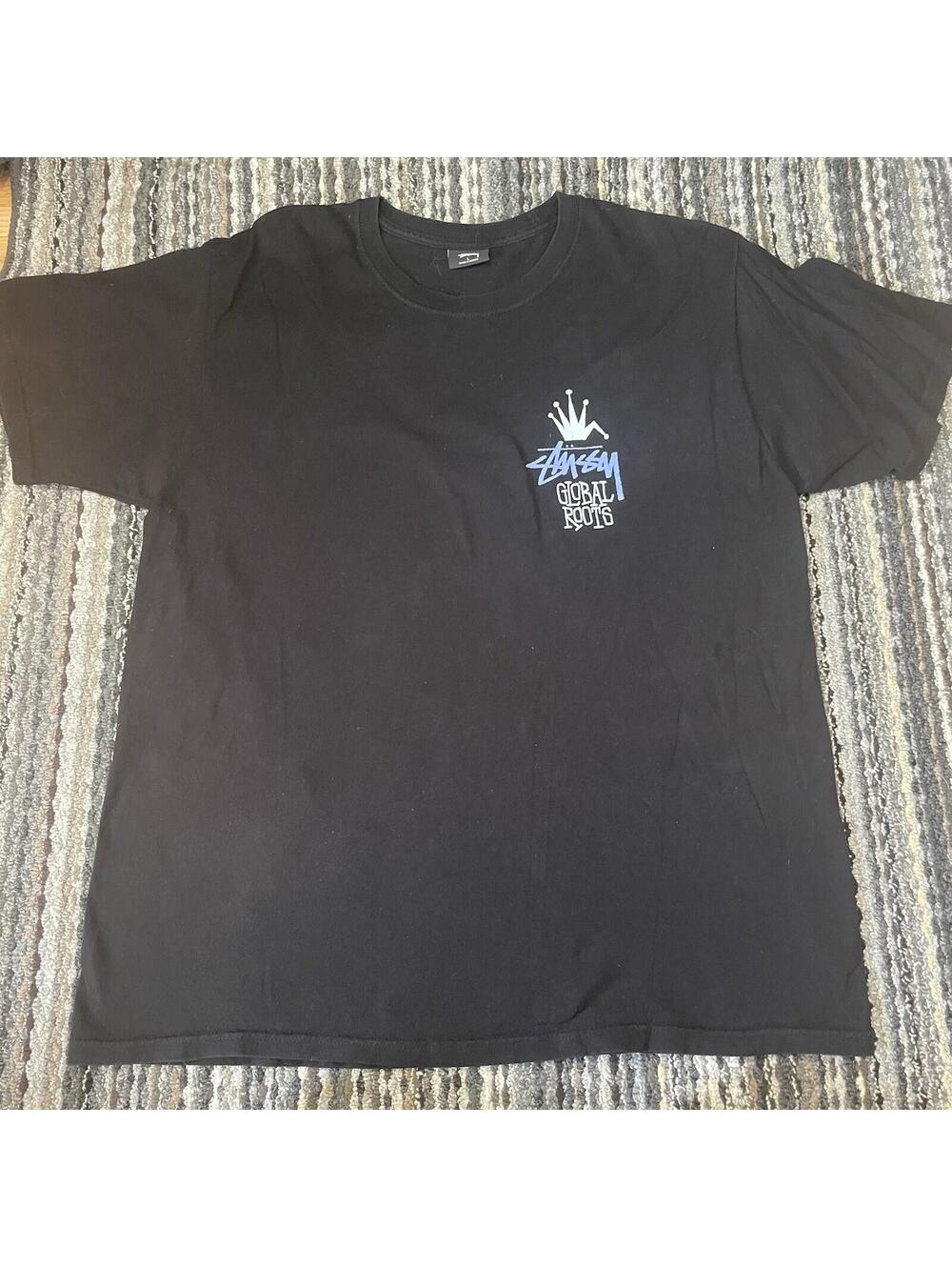 VINTAGE Y2K Stussy Global Roots T-shirt Size L Black Short Sleeve Logo Crown